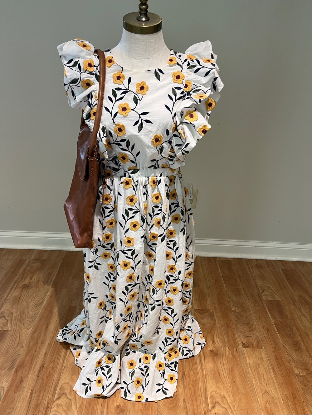 Just Me White cotton Maxi Dress with Yellow Floral Print ruffle sleeves size L